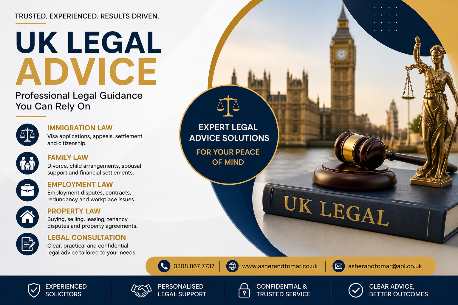 UK legal advice banner featuring immigration, family law, and expert solicitor services with London background