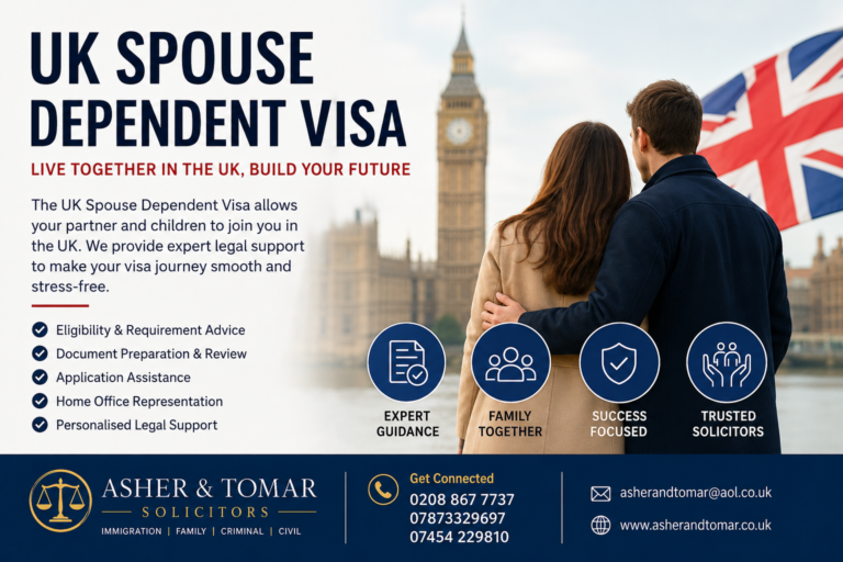 UK Spouse Dependent Visa promotional banner with London background, couple image, legal immigration support services, and Asher & Tomar Solicitors contact details.