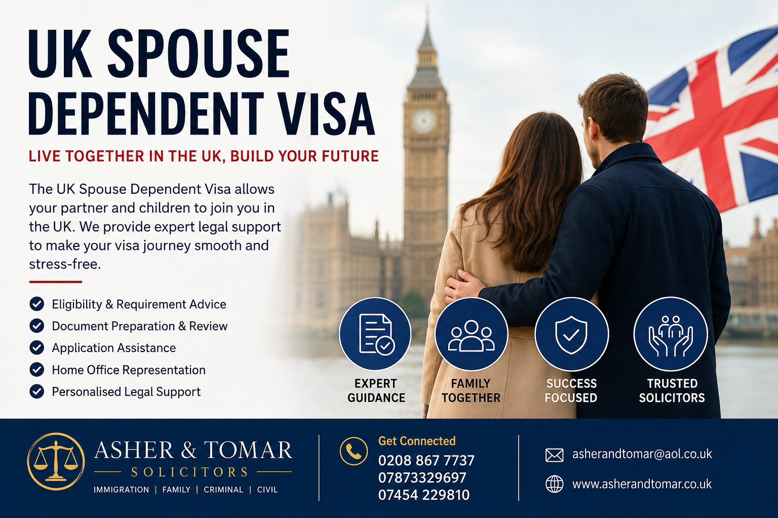 UK Spouse Dependent Visa promotional banner with London background, couple image, legal immigration support services, and Asher & Tomar Solicitors contact details.