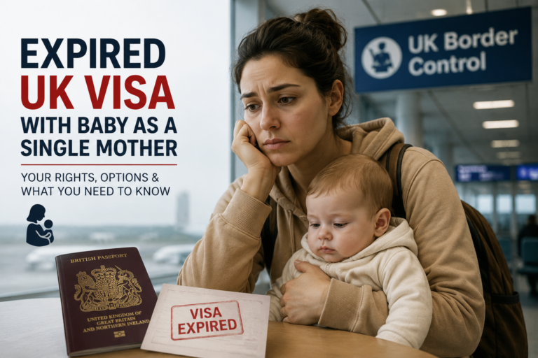 Single mother holding her baby while seeking UK immigration and visa guidance in London