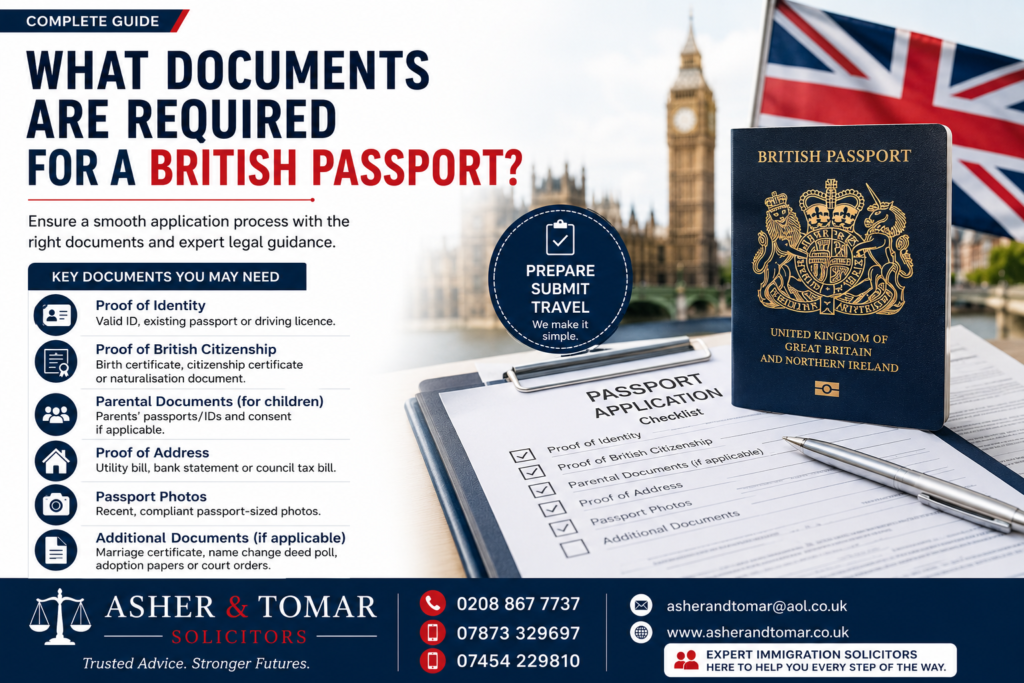 British passport document checklist infographic with UK passport, application form, London background, and immigration solicitor contact information.
