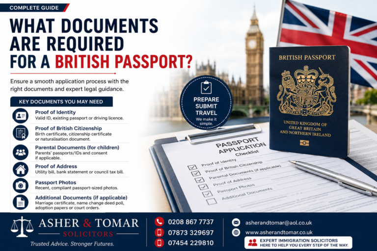 British passport document checklist infographic with UK passport, application form, London background, and immigration solicitor contact information.