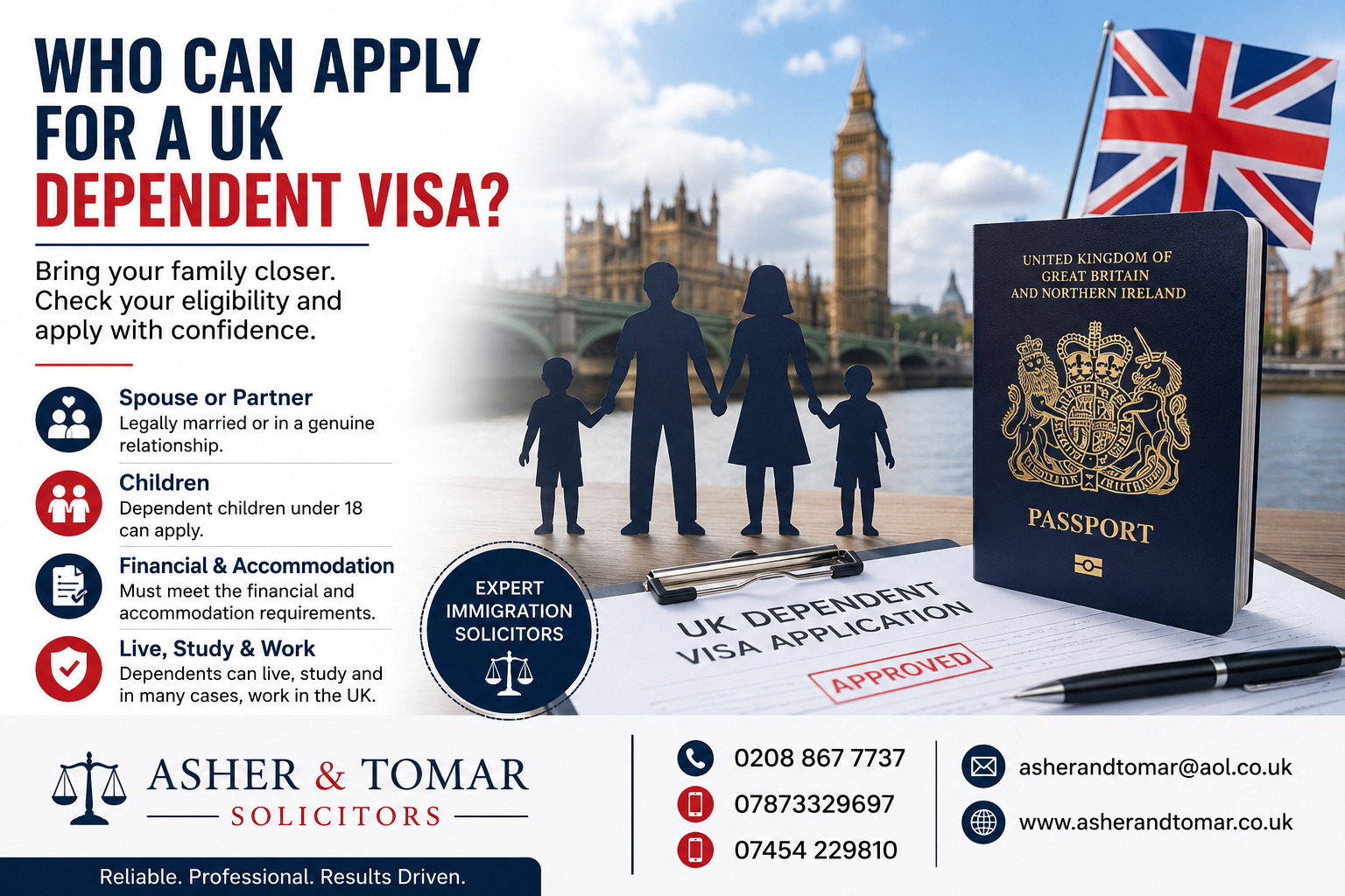 UK dependent visa guidance banner showing family immigration documents, UK skyline, passport, and professional legal consultation support.