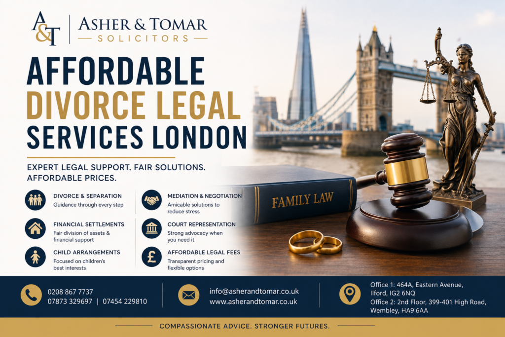 Affordable Divorce Legal Services London banner featuring family law book, judge's gavel, Lady Justice statue, wedding rings, and London skyline.