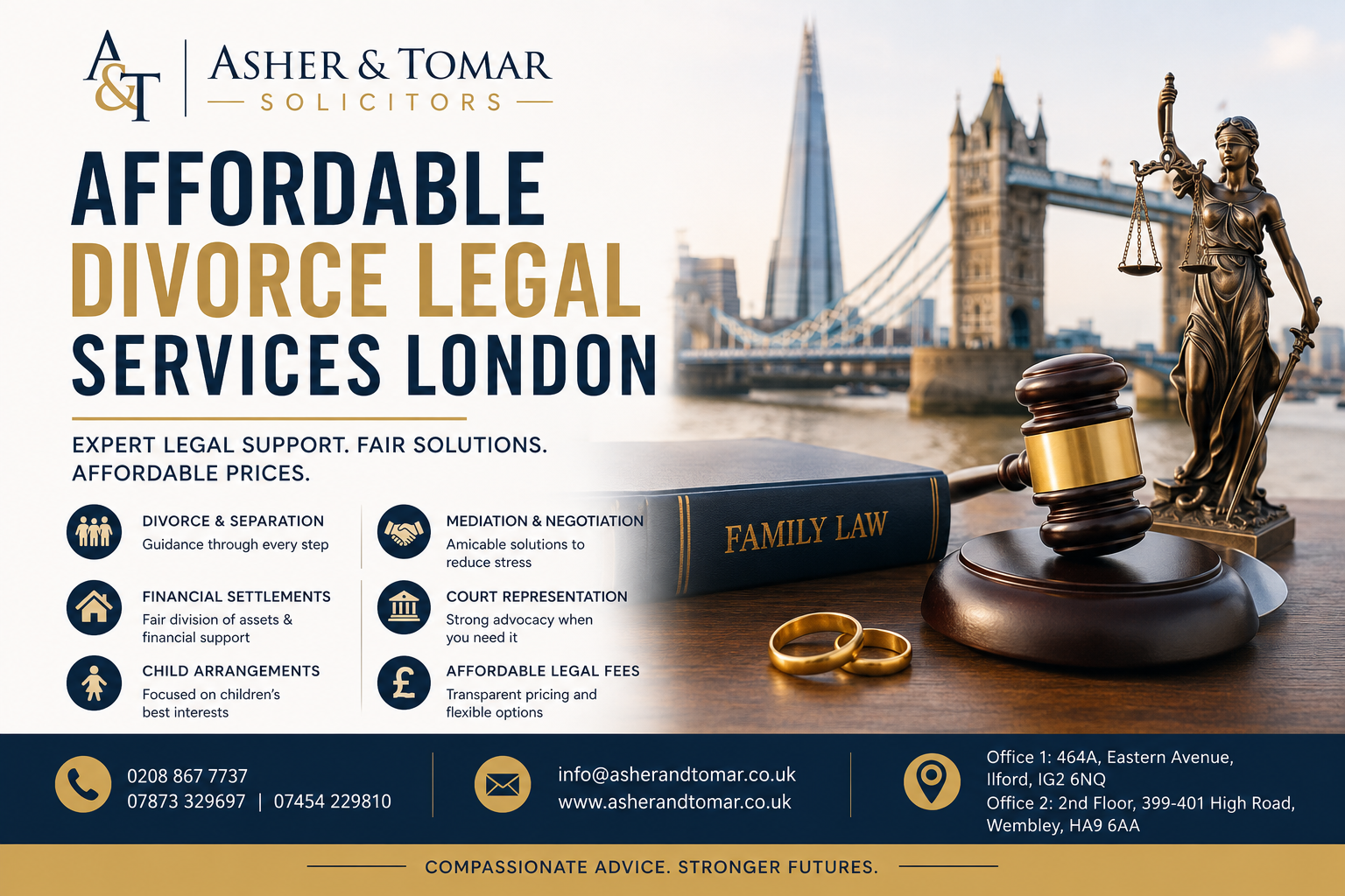 Affordable Divorce Legal Services London banner featuring family law book, judge's gavel, Lady Justice statue, wedding rings, and London skyline.