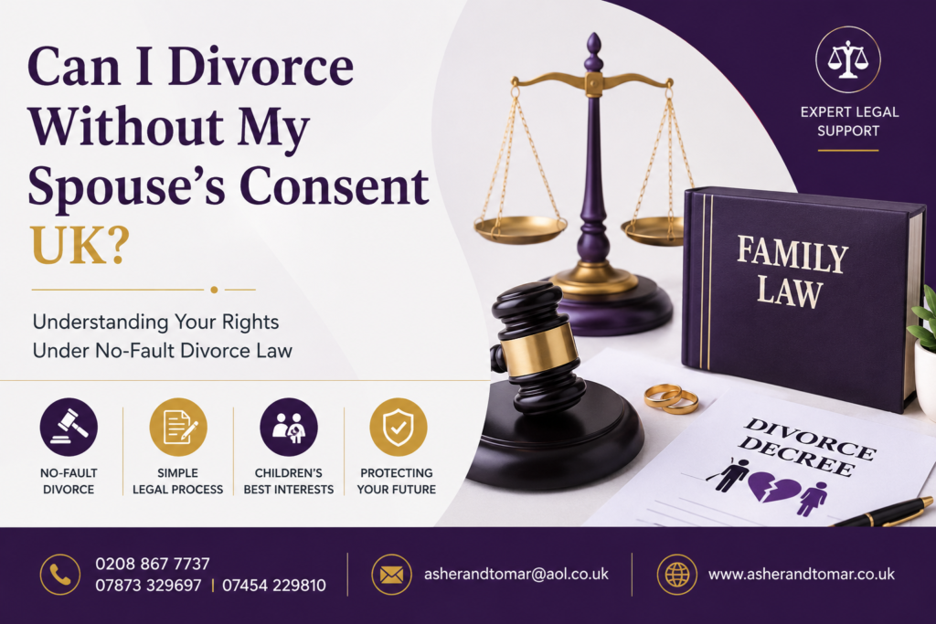 Professional UK divorce law banner featuring legal scales, family law documents, and no-fault divorce guidance in a purple and gold theme.