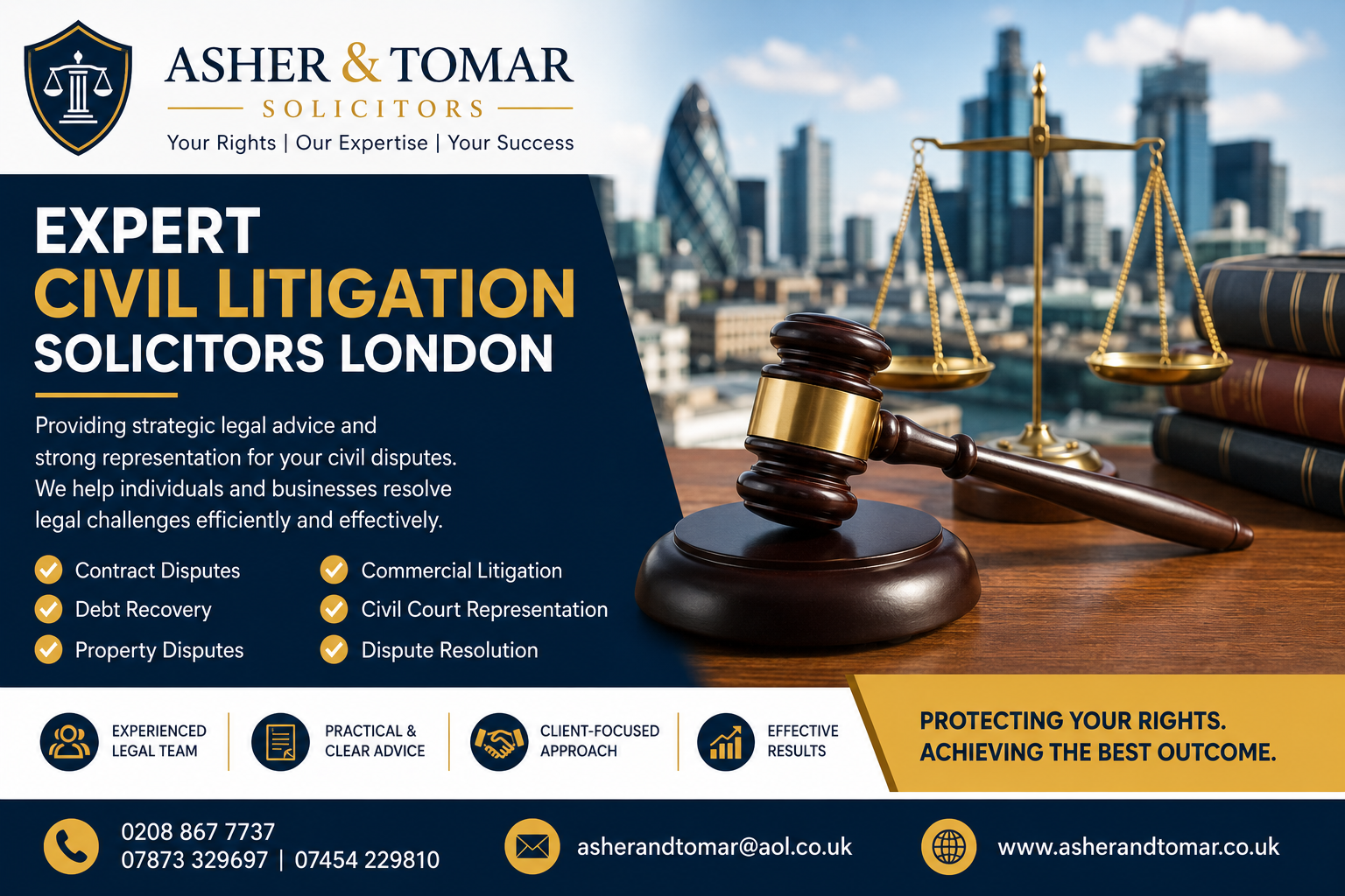 Expert Civil Litigation Solicitors London banner featuring legal scales, judge’s gavel, law books, and professional legal representation services by Asher and Tomar Solicitors.