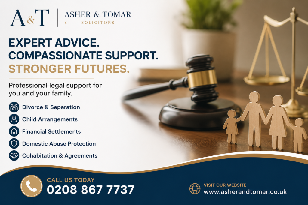 Complete Guide to Family Law in the UK banner featuring Asher & Tomar Solicitors, family law services, and contact number 0208 867 7737.