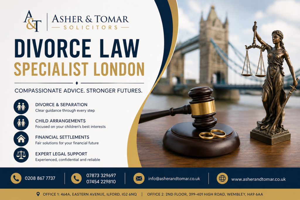 UK Student Visa Solicitors banner by Asher & Tomar Solicitors featuring a student, UK passport, London skyline, and expert legal support for UK student visa applications.