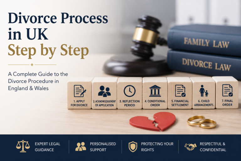 Divorce process in UK step by step illustration showing legal documents, family law scales, and professional solicitor guidance.