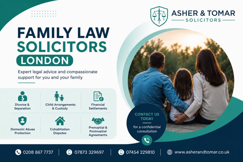 Family Law Solicitors London promotional banner by Asher & Tomar Solicitors featuring family legal services, contact numbers, and a modern teal and navy design.