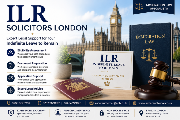 ILR Solicitors London featured image showing UK immigration law services with London landmarks, legal documents, passport, and gavel.