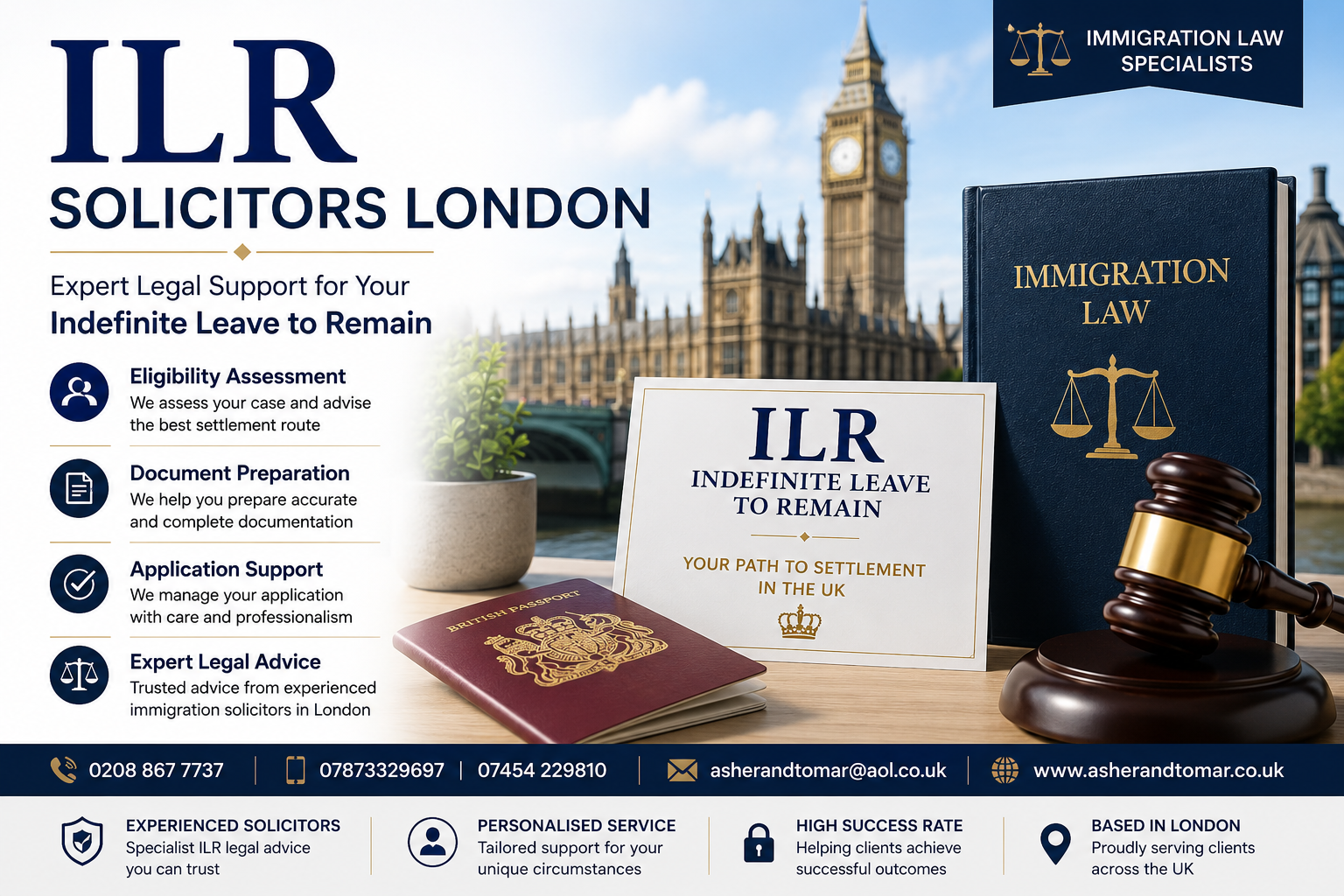 ILR Solicitors London featured image showing UK immigration law services with London landmarks, legal documents, passport, and gavel.