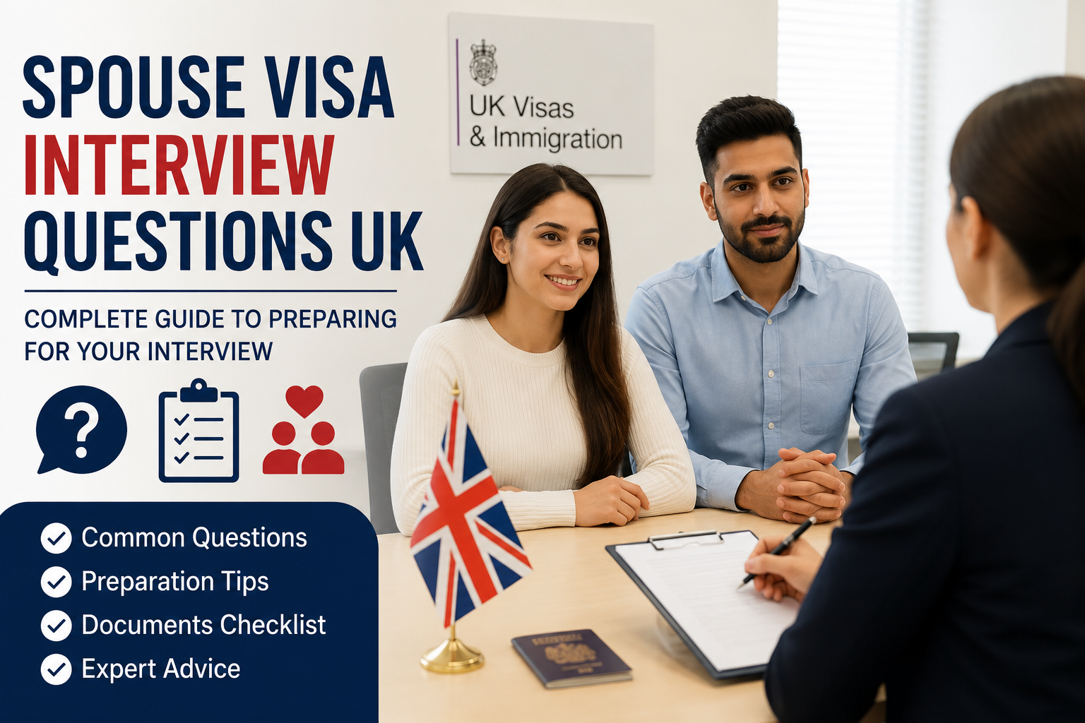 Couple attending a UK spouse visa interview with an immigration officer during a visa application assessment meeting. Caption:
