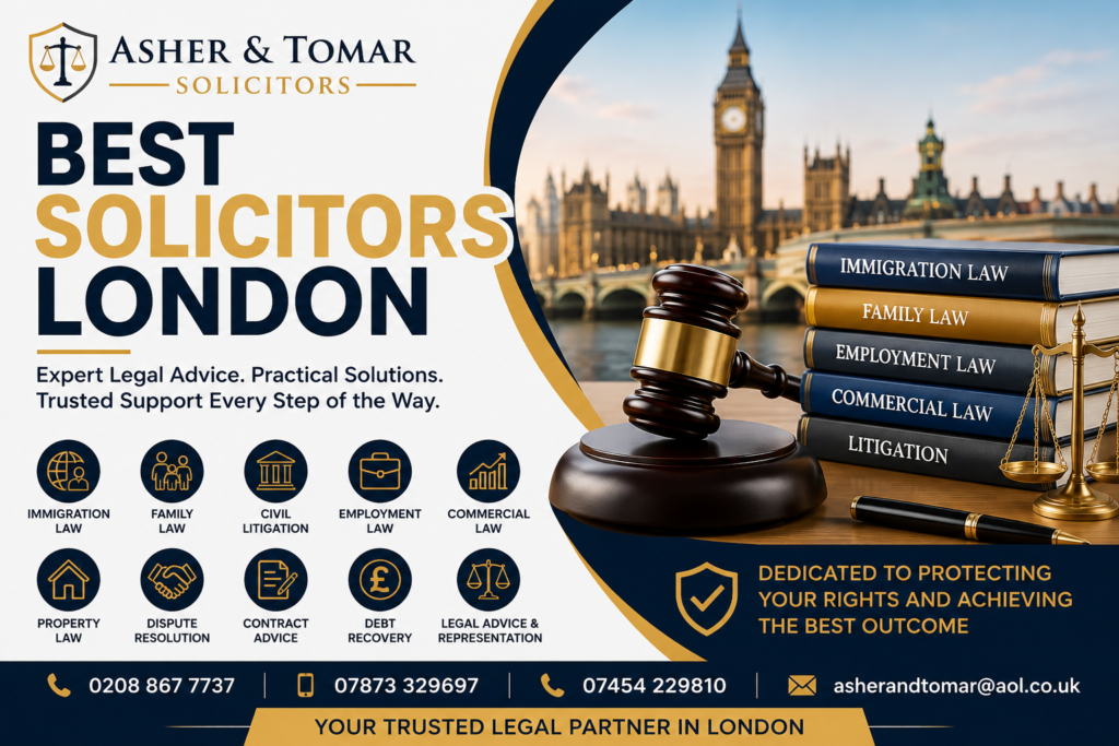 Best Solicitors London featured image showcasing Asher and Tomar Solicitors providing expert legal services in immigration, family law, civil litigation, employment, commercial, and property law.