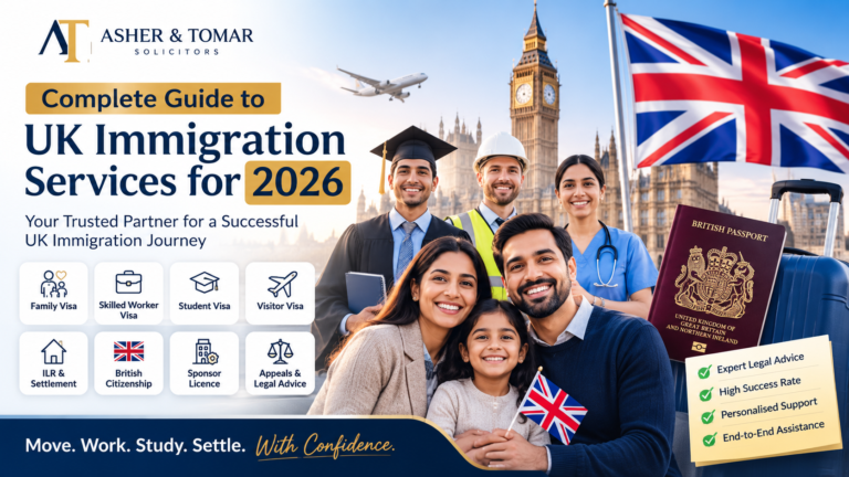 Complete Guide to UK Immigration Services for 2026 by Asher & Tomar Solicitors featuring UK visa and immigration support.