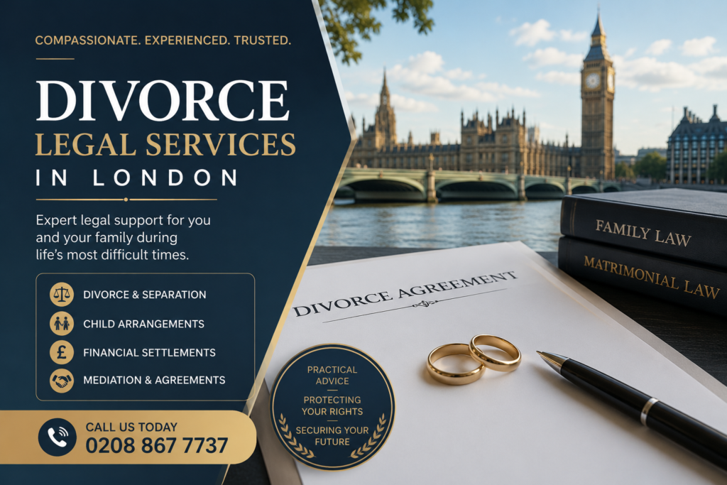 Professional featured image for divorce legal services in London showing legal documents, wedding rings, family law books, and the London skyline.