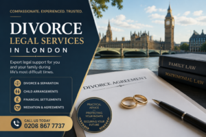 Professional featured image for divorce legal services in London showing legal documents, wedding rings, family law books, and the London skyline.