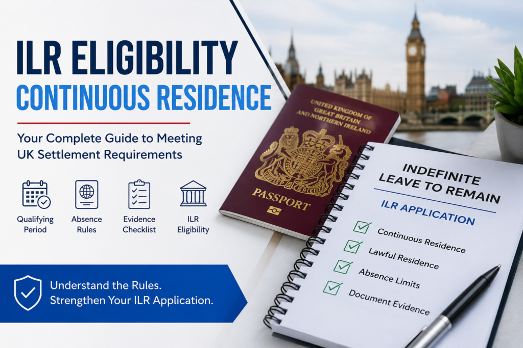 ILR Eligibility Continuous Residence guide with UK passport and immigration documents for Indefinite Leave to Remain applications