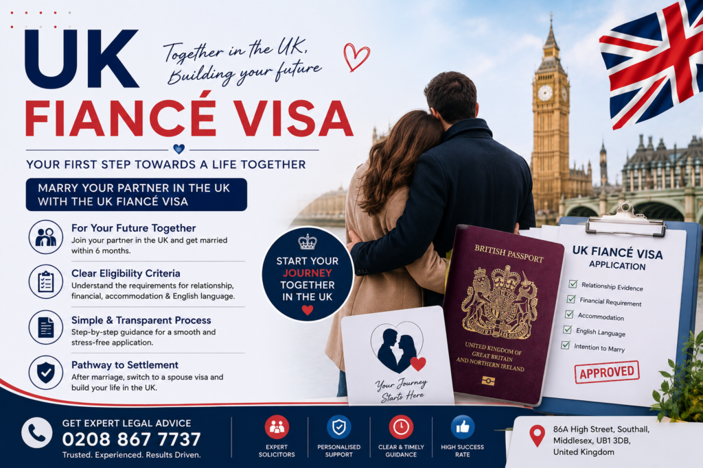 UK Fiancé Visa guide featuring an engaged couple, British passport, visa application documents, and expert immigration support.