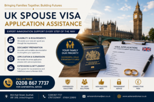 UK Spouse Visa Application Assistance featured image showing immigration documents, British passport, wedding rings, and expert legal support in London. Call 0208 867 7737.
