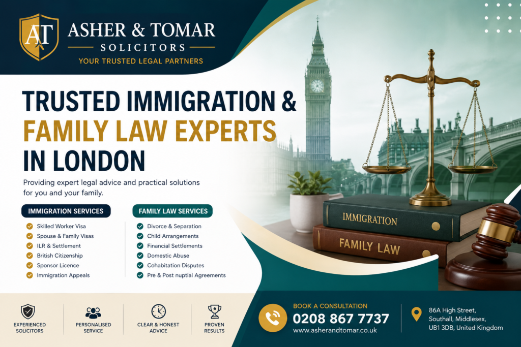 Asher & Tomar Solicitors banner showcasing trusted immigration and family law services in London with legal symbols and city landmarks.