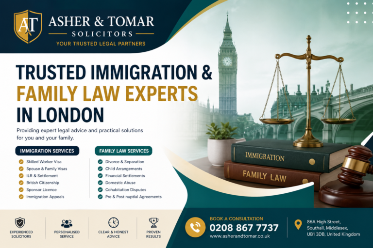 Asher & Tomar Solicitors banner showcasing trusted immigration and family law services in London with legal symbols and city landmarks.
