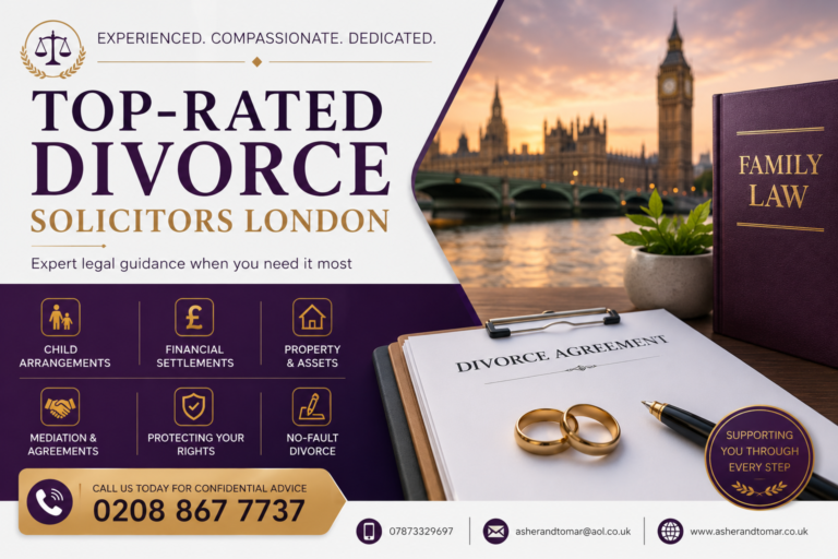 Featured image for top-rated divorce solicitors in London with a purple and gold theme, showing legal documents, family law books, wedding rings, and the London skyline.