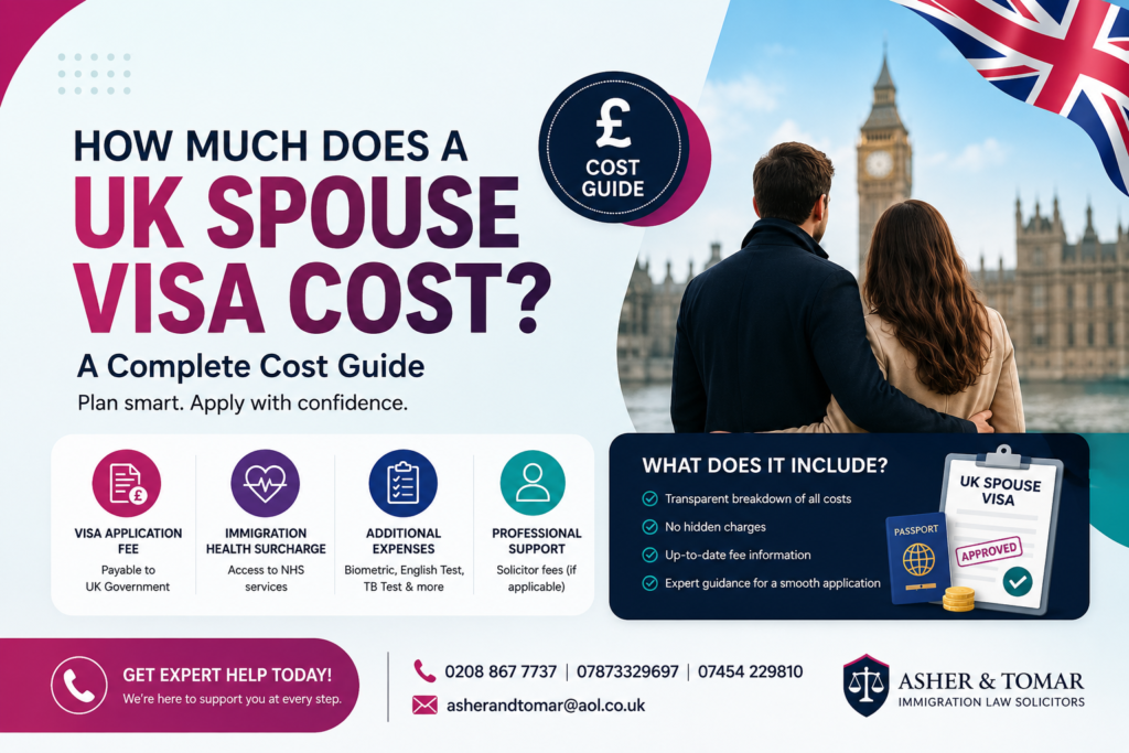 UK Spouse Visa cost guide showing visa application fee, Immigration Health Surcharge and additional expenses.