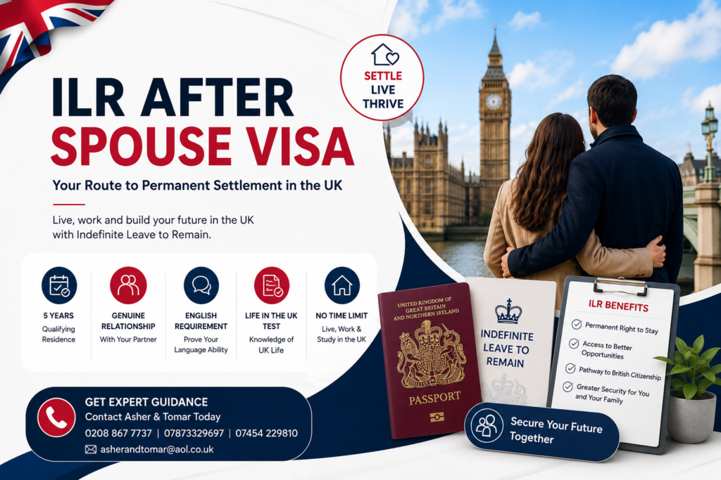 ILR after Spouse Visa guide showing five-year residence, English requirement, Life in the UK Test and permanent settlement.