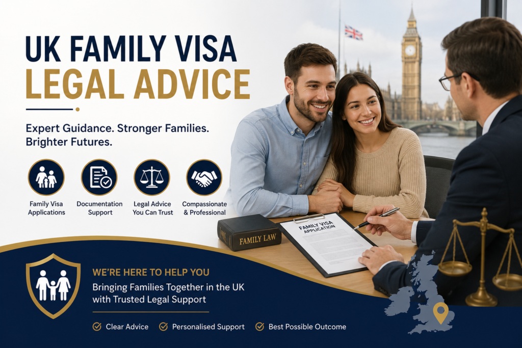 UK Family Visa legal advice banner showing a couple consulting a solicitor about a family visa application in London.