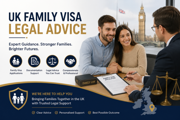 UK Family Visa legal advice banner showing a couple consulting a solicitor about a family visa application in London.