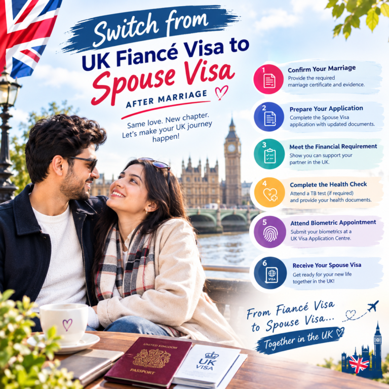 UK Fiancé Visa to Spouse Visa after marriage, showing a couple in London and the key visa application steps.