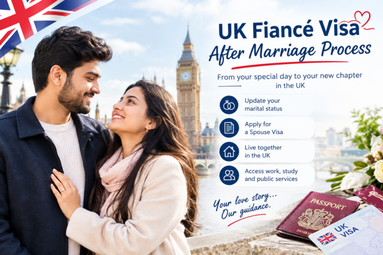 UK Fiancé Visa after marriage process with a couple in London, Big Ben, UK visa documents and application guidance.