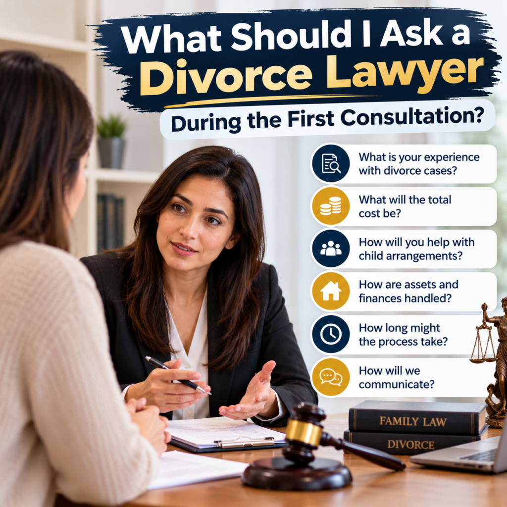 Questions to ask a divorce lawyer during your first consultation in the UK.